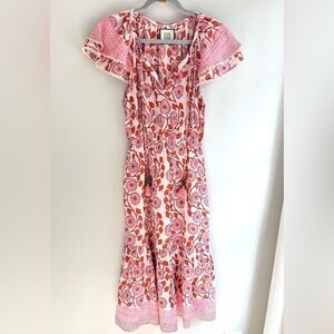 BELL by Alicia Bell Pink Orange Floral Flutter Sleeve Midi Dress, Small